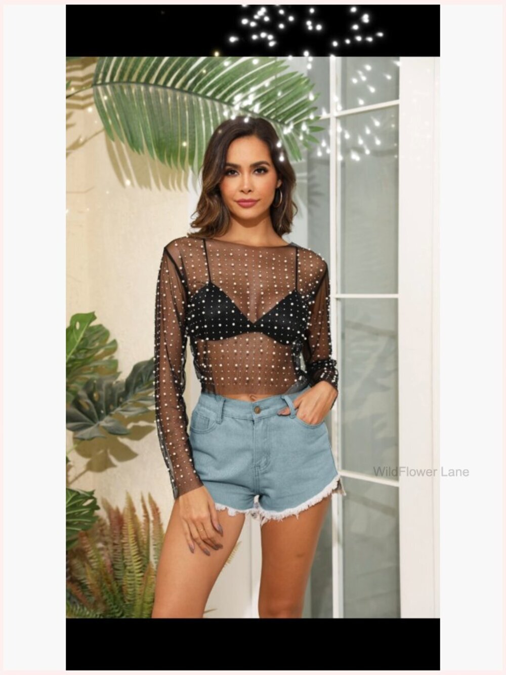 Sheer Mesh Pearl Rhinestone Beaded Long Sleeve Crop Top Y2K Clubwear - Picture 7 of 7